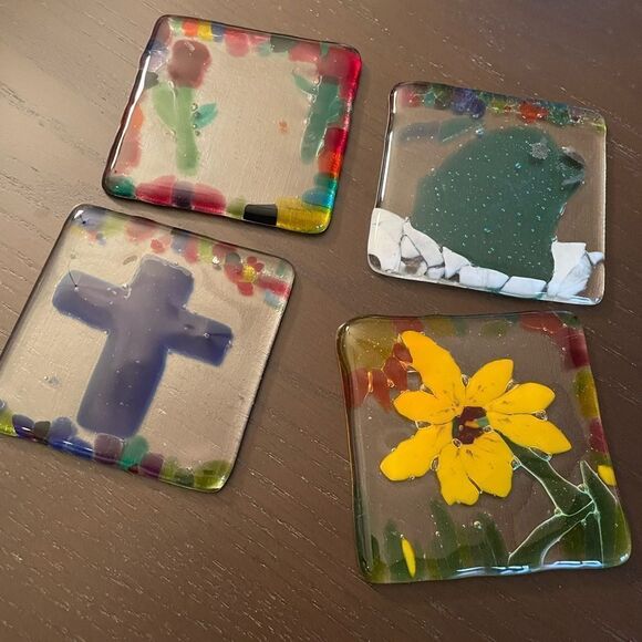 Glass Mosaic Colorful Coasters Yard Art set of 4 - Picture 12 of 13